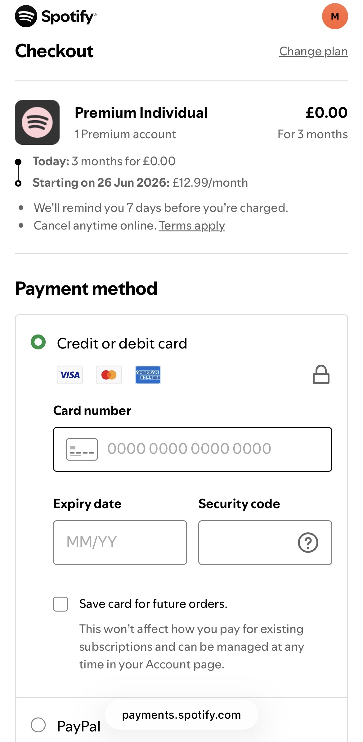 Spotify plan confirmation screen